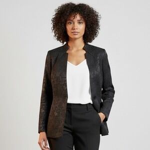 Misook Women Black Textured Blazer‎ Jacket L Stretch Knit Open Front Lightweight